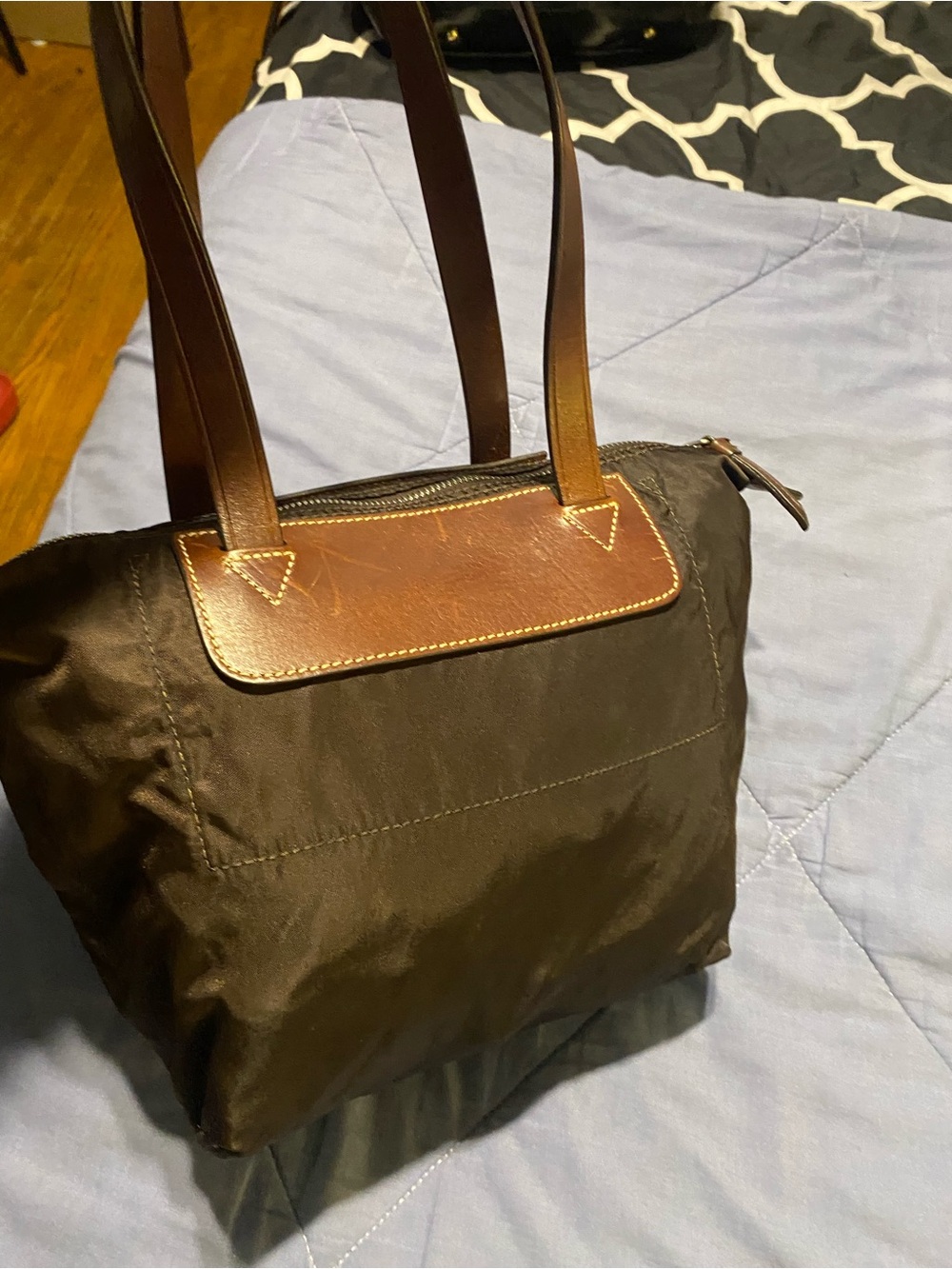 Authentic Dooney & Bourke Dark Brown Nylon Tote with Brown Leather Trim - Picture 2 of 6